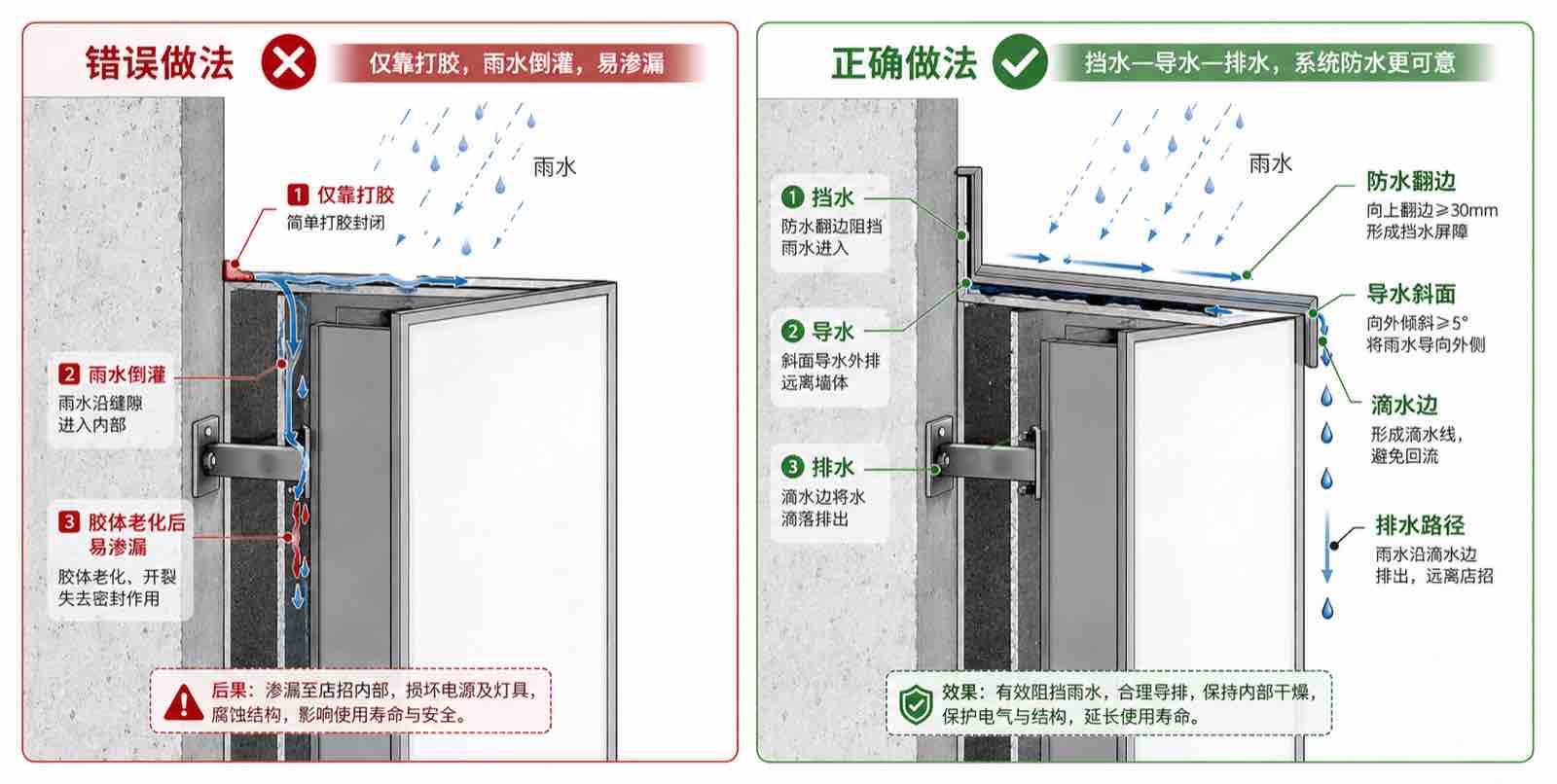 门头防水对比：单纯打胶与挡水—导水—排水构造