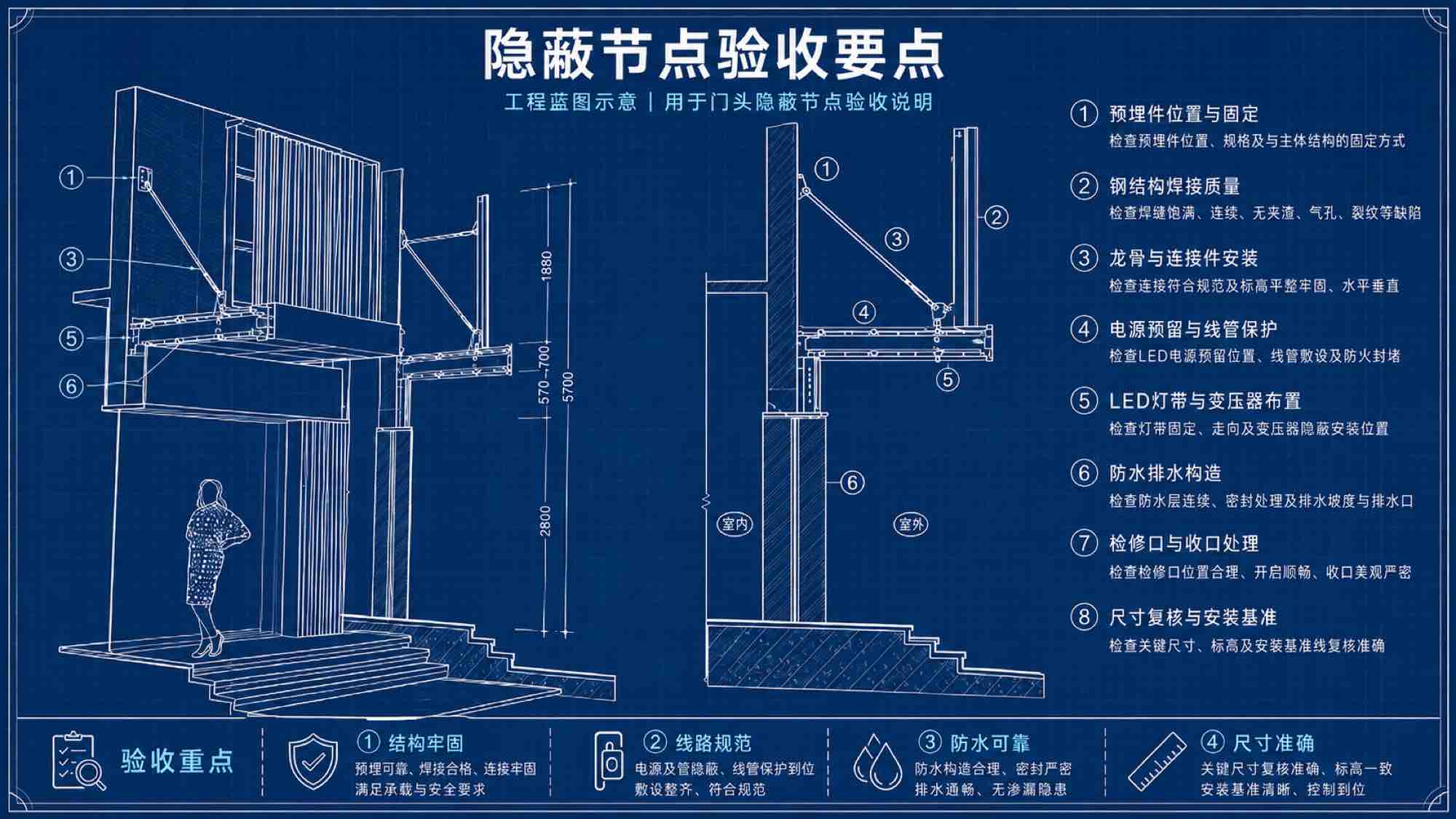 门头隐蔽验收关键点标注：钢架、连接件与线路的实际安装情况