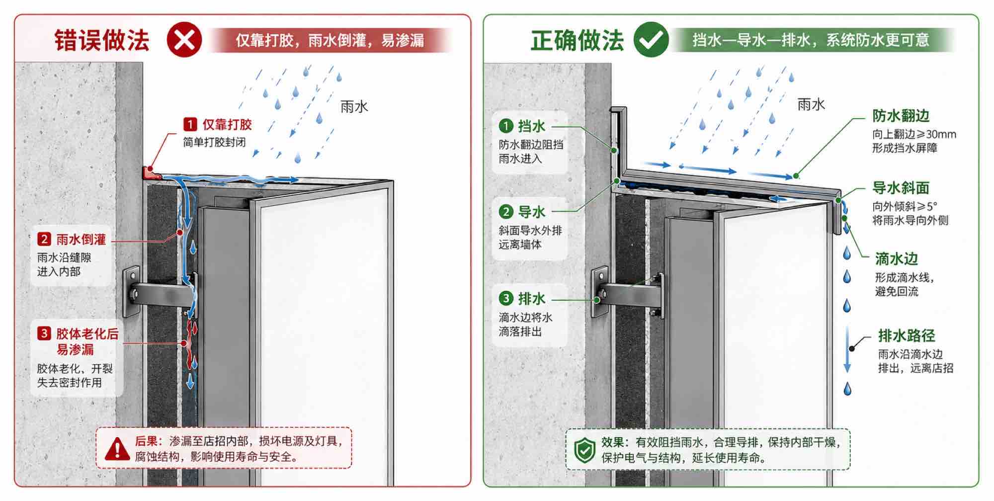 正确防水构造与单纯打胶的错误对比