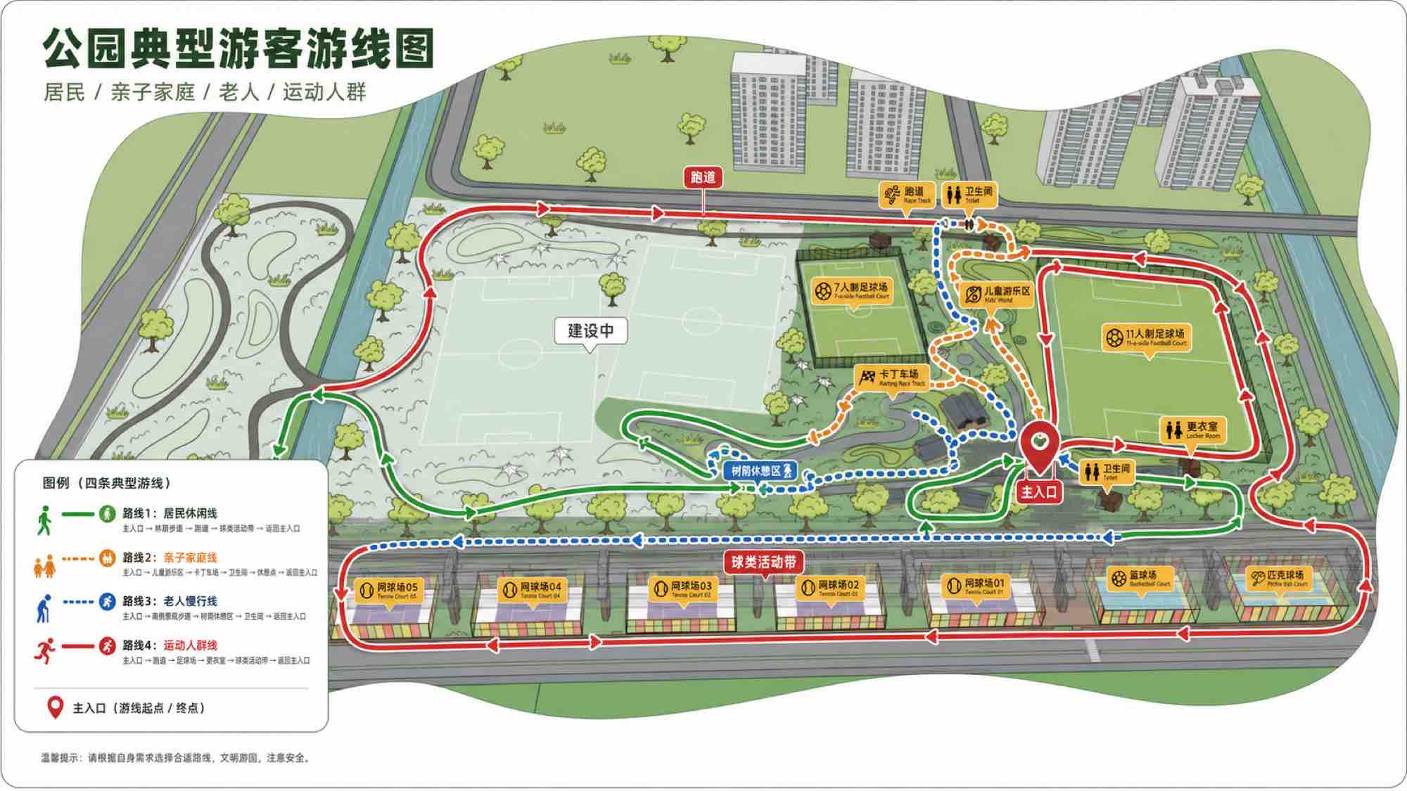 公园典型游客游线图：居民、亲子家庭、老人、运动人群的不同路径